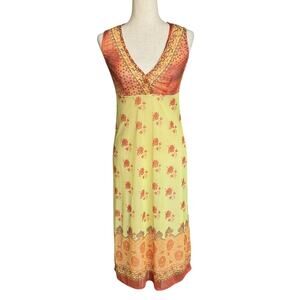 Vtg Y2K 90s 00s Sheer V Neck Layered Dress Jane Doe Womens M Yellow Brown Boho